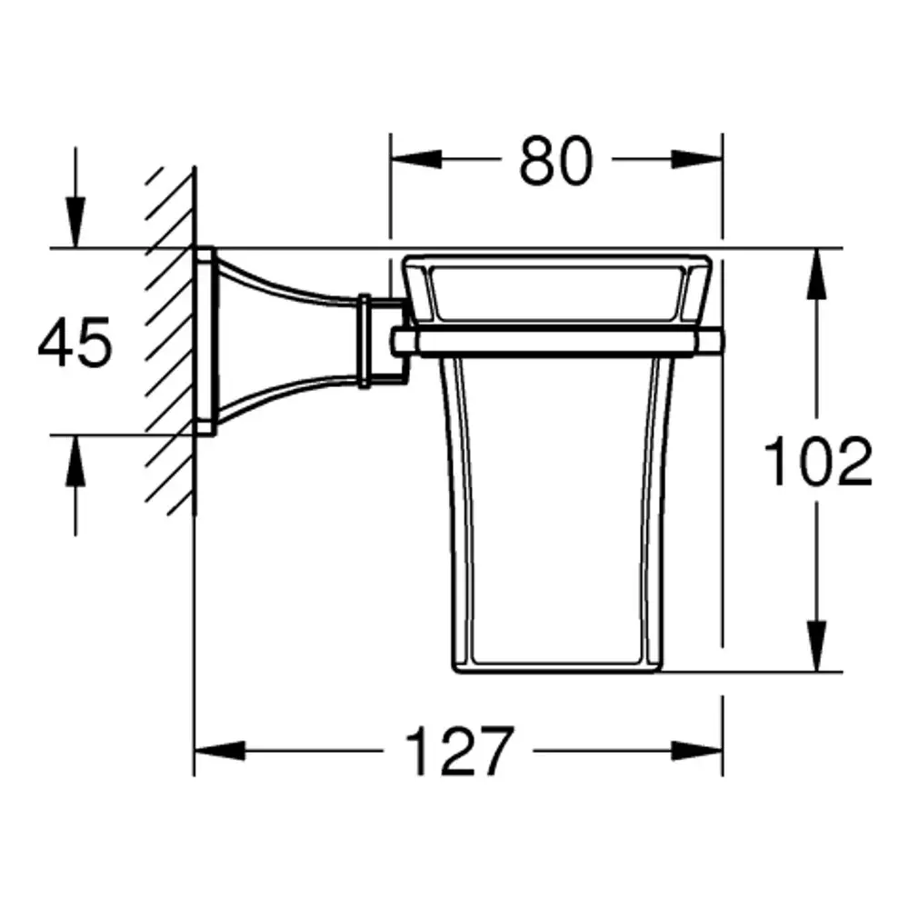 Wandhalterung mit Keramikbecher von Grohe, einschließlich Abmessungen, dargestellt in technischem Zeichnungsstil.