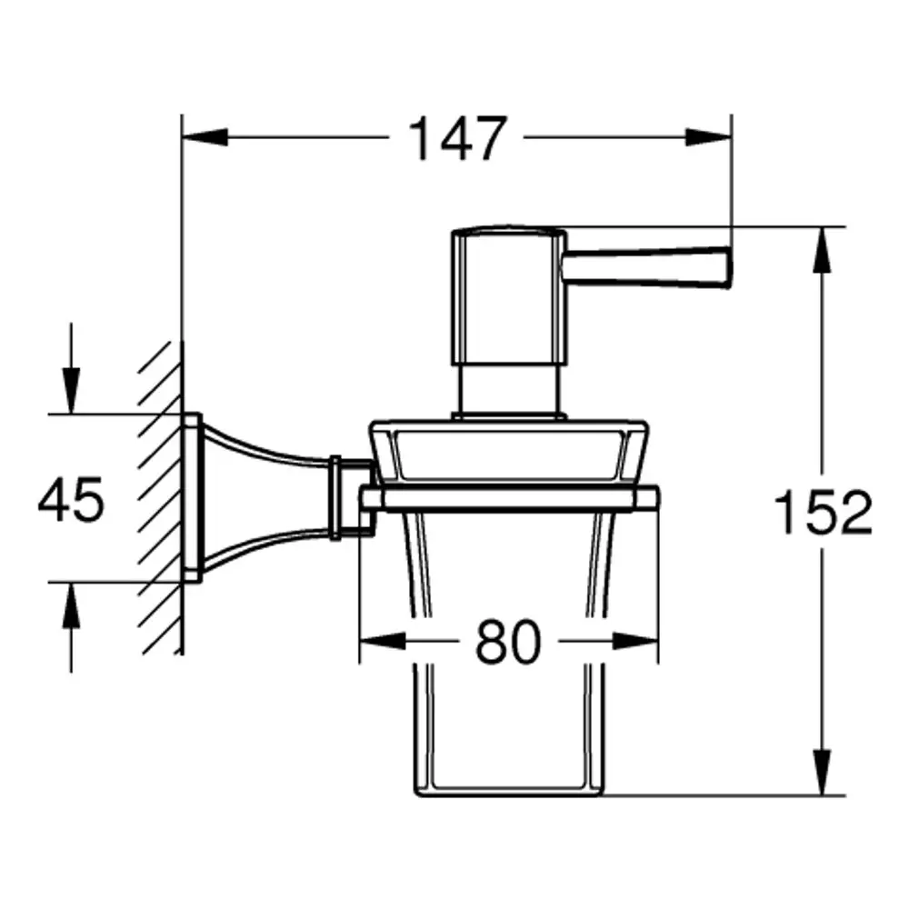 GROHE Seifenspender mit Keramikbecher, an der Wand montiert. Der Spender hat einen Hebel und ist in einer verchromten Ausführung gestaltet.