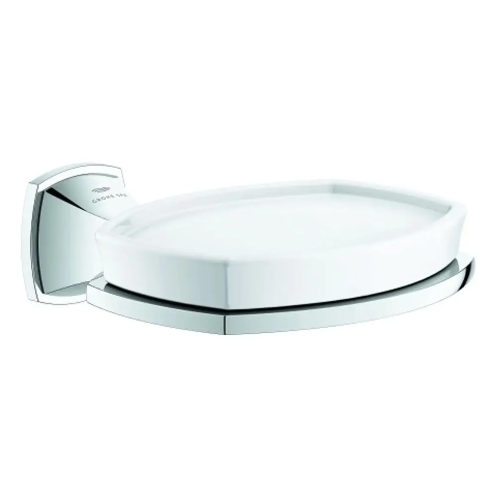 Weißes Seifenschalen-Set mit Halterung in Chrom von Grohe, ovaler Form, montiert an einer Wand.