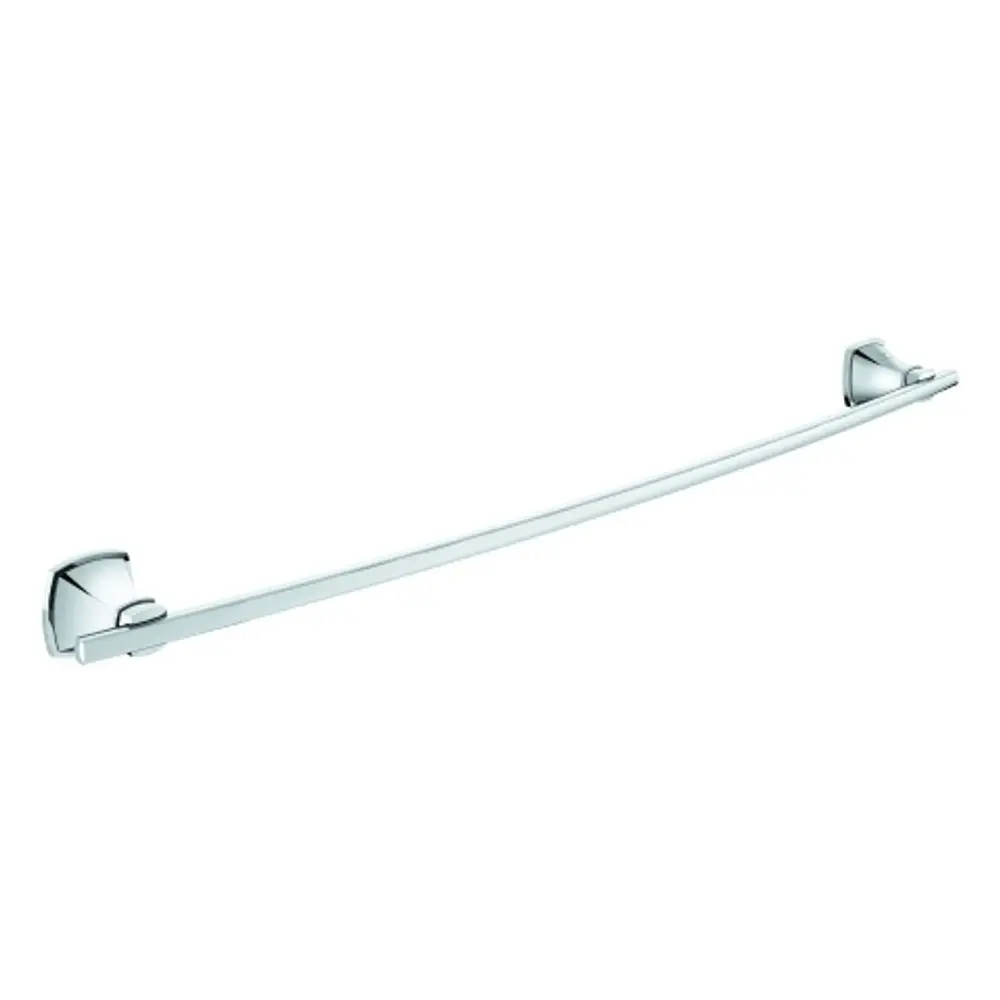 Chromfarbener Badetuchhalter von Grohe mit zwei Endelementen, montierbar an Wänden, in gebogener Form für die Aufbewahrung von Handtüchern.