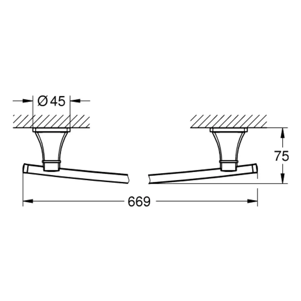 Kreuzförmiger Halter mit einem Durchmesser von 45 mm für die Wandmontage, abgehende Stütze und horizontale Fläche, geeignet für Grohe Produkte.