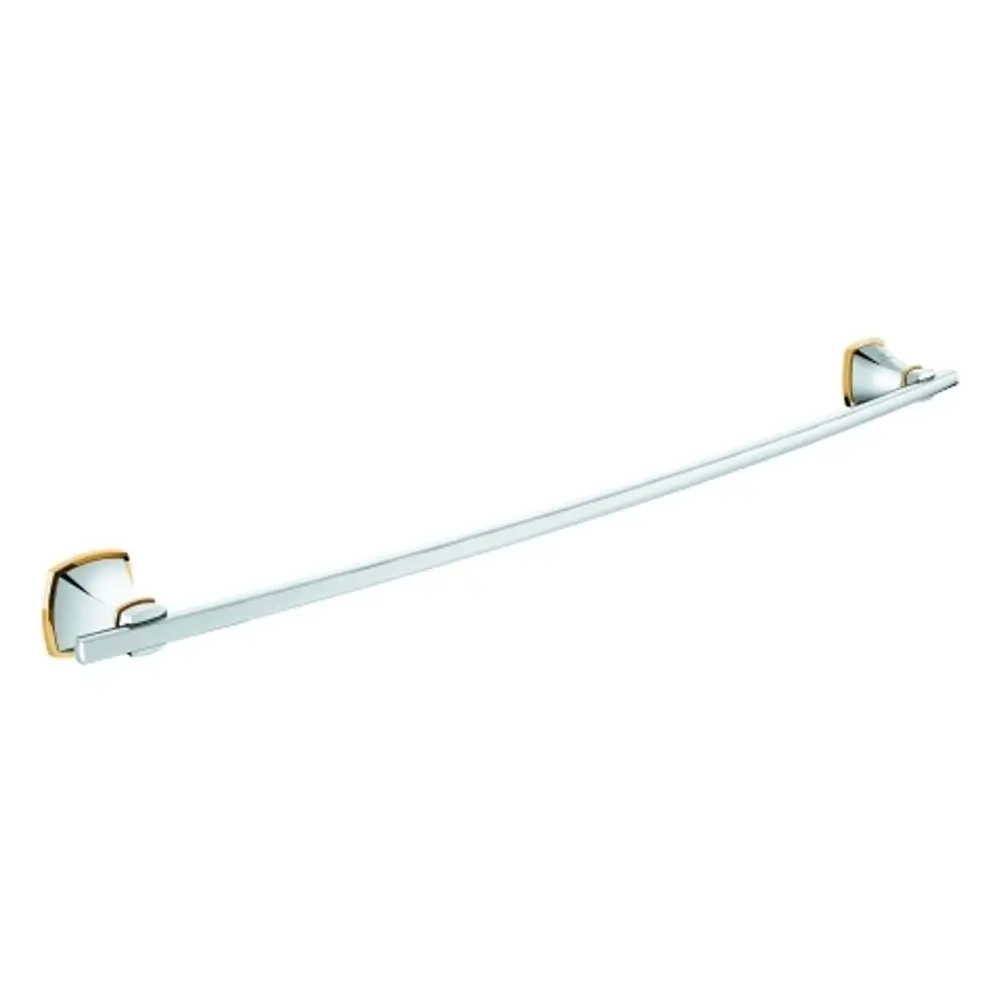 Grohe Badetuchhalter mit gebogenem Halter in Chrom und Gold, montiert an zwei Wänden. Schlichte und funktionale Form.