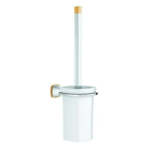 Toilettenbürstengarnitur in weiß mit einem langen Griff und goldfarbenen Akzenten, designed von Grohe. Der Halter ist an der Wand montierbar.