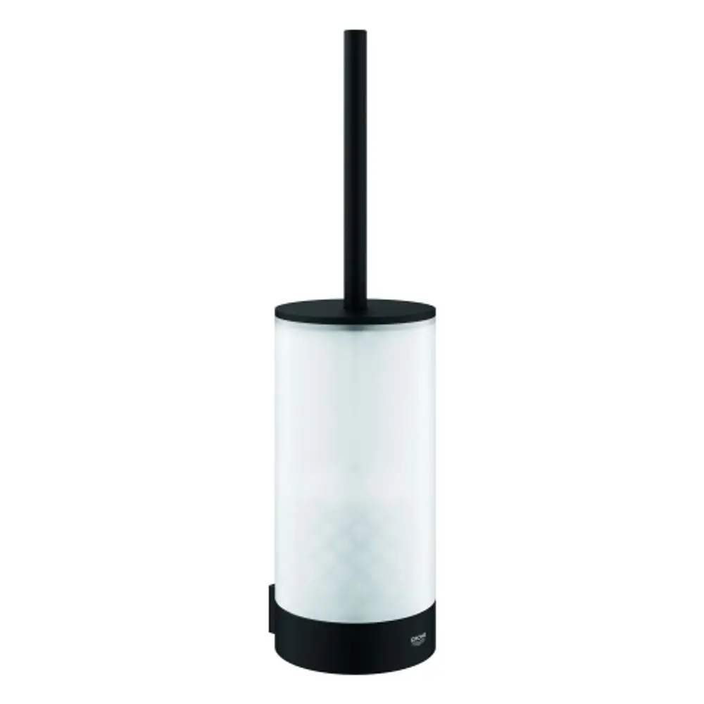Schwarze WC-Bürstengarnitur von Grohe mit runder, glatter Form und Wandmontage. Der Bürstenhalter hat einen transparenten Einsatz und eine schlanke, schwarze Stange.