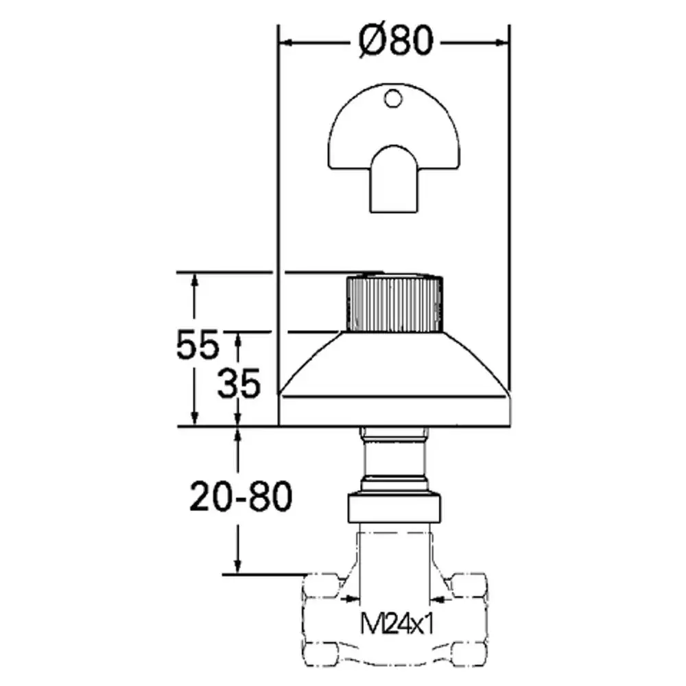 GROHE V entil mit einem Durchmesser von 80 mm, ausgestattet mit einem oberen Bau, Abmessungen für die Installation zwischen 20 und 80 mm, für Sanitäranwendungen.