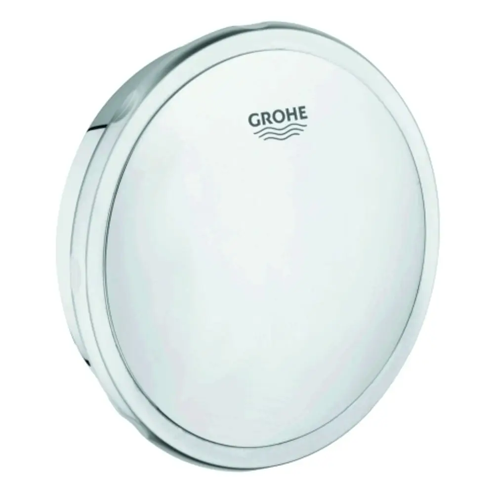 Runder Chromdeckel mit dem Logo von Grohe, wahrscheinlich Teil einer Ab- oder Überlaufgarnitur, mit glatter Oberfläche und ohne sichtbare Öffnungen oder Mechanismen.