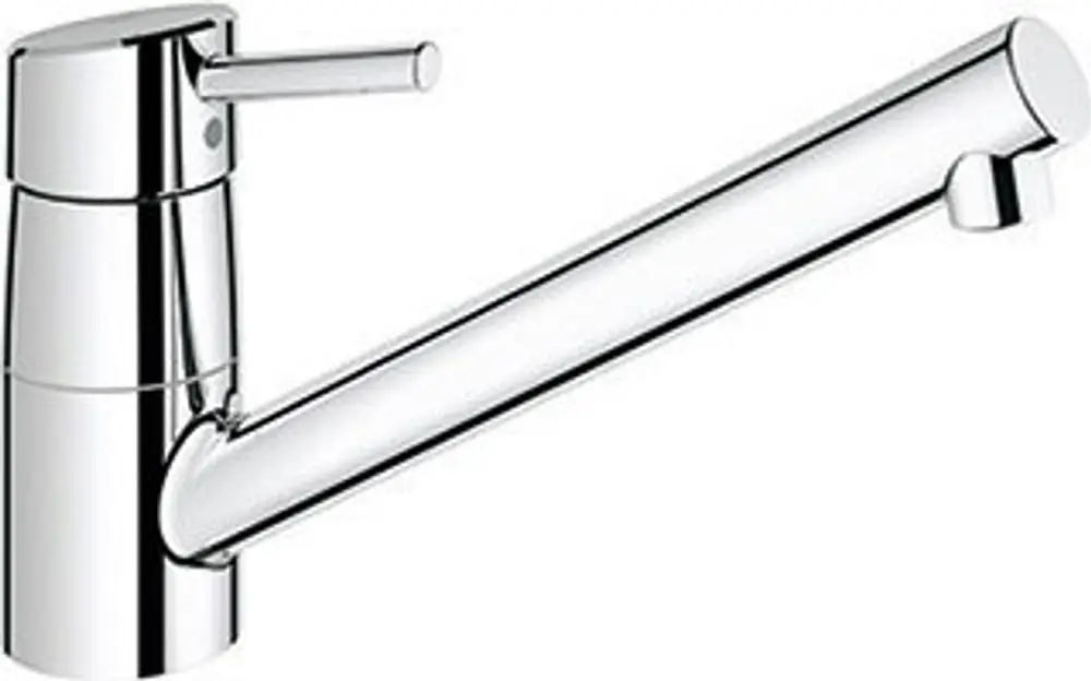 Ein chromfarbener Wasserhahn von Grohe mit einem flachen Auslauf und einem Hebel zur Steuerung des Wasserdurchflusses.