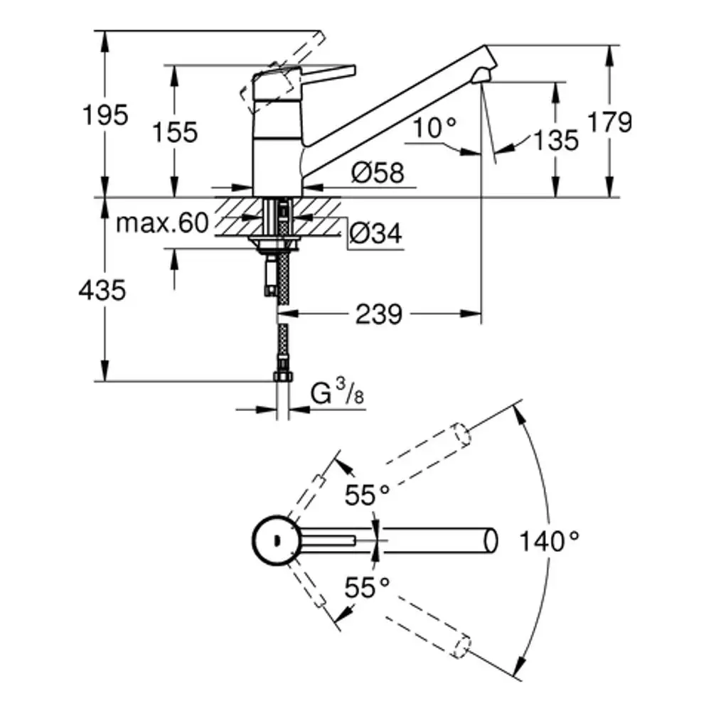 Küchenarmatur von Grohe mit flachem Auslauf, klaren Abmessungen und einem Schwenkbereich von 140°, abgebildet in technischen Zeichnungen.