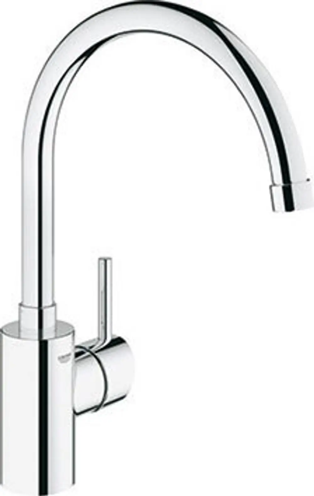 Grohe Wasserhahn mit hohem Auslauf, glänzender chromfarbener Oberfläche und seitlichem Hebel zur Einstellung des Wasserflusses und der Temperatur.
