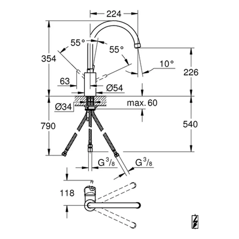 Technische Zeichnung eines Grohe-Armatursystems mit Rohrauslauf, einschließlich Abmessungen und Anschlussmöglichkeiten. Übersicht der Montage und Drehwinkel.