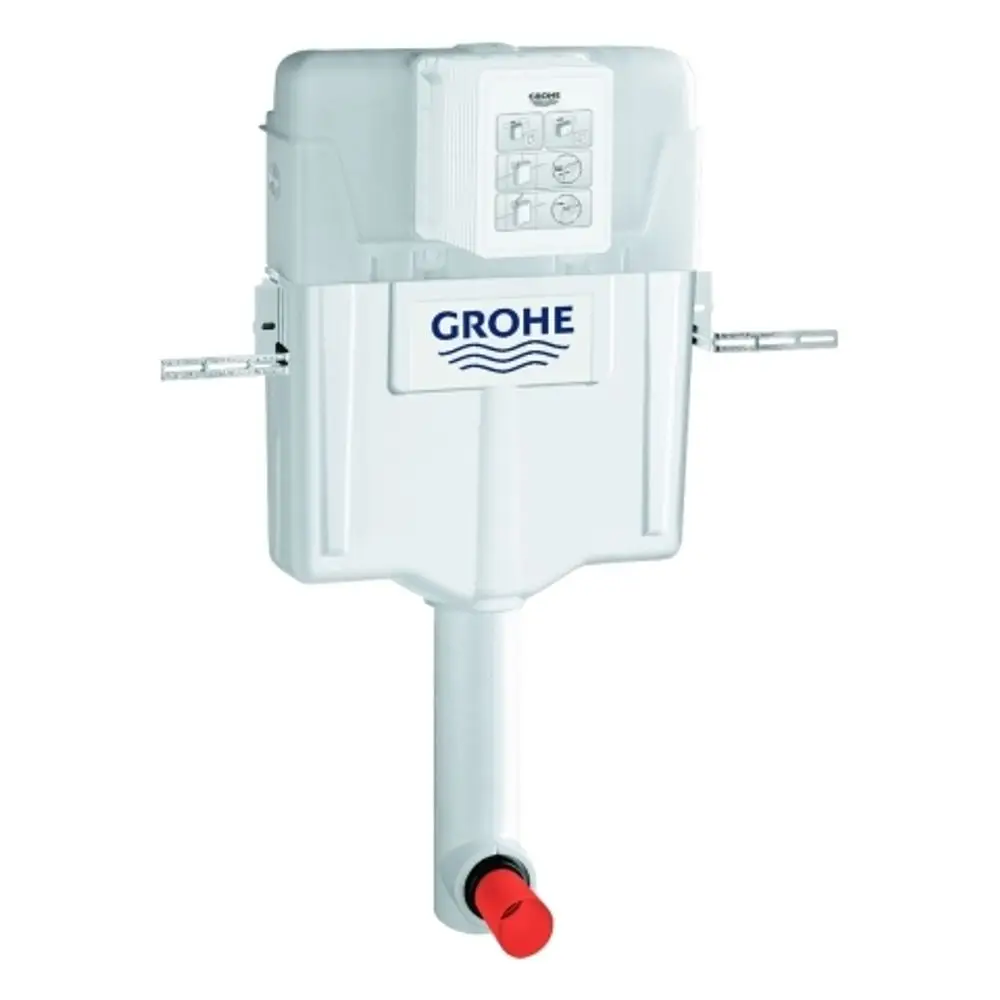 Weißer GROHE WC-Spülkasten mit integriertem Bedienfeld. Unten befindet sich ein rot markierter Wasserablauf. Geeignet für Wandeinbau und einstellbare Spülmengen.
