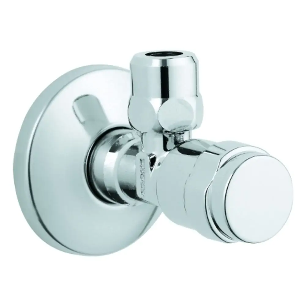 Grohe Eckventil in chromfarbener Ausführung, wandmontiert, mit einstellbarem Wasserfluss. Ideal für wasserdichte Armaturen in Sanitärbereichen.