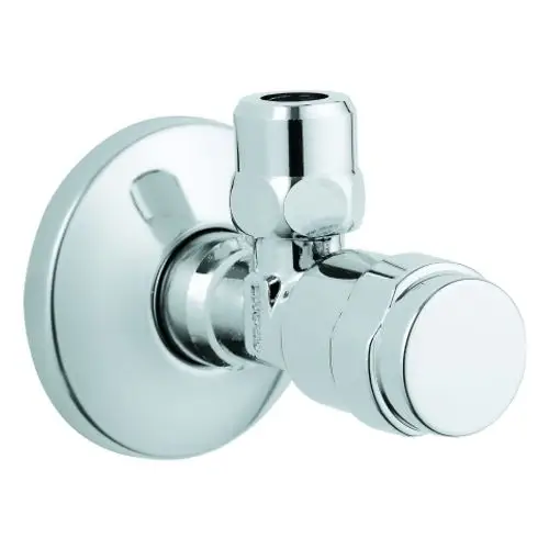 Grohe Eckventil in chromfarbener Ausführung, wandmontiert, mit einstellbarem Wasserfluss. Ideal für wasserdichte Armaturen in Sanitärbereichen.