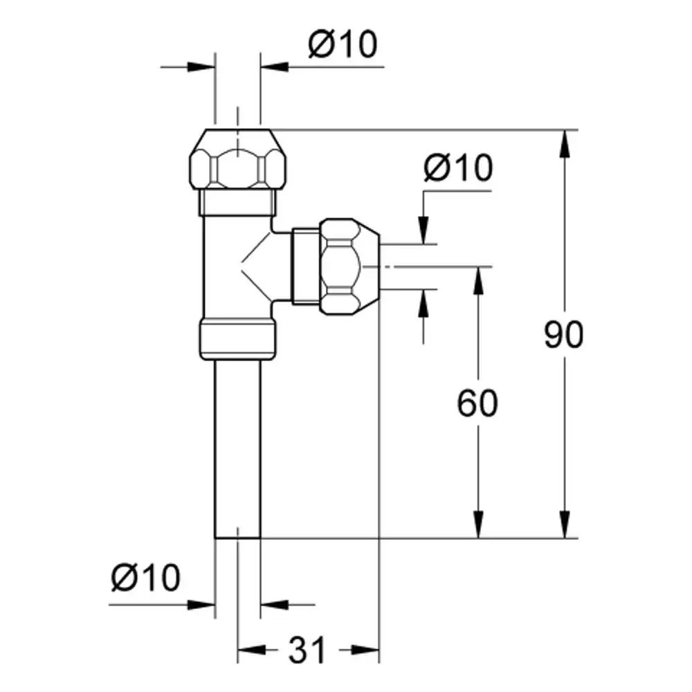 Grohe Abzweigstück mit zwei Anschlüssen, einem senkrechten und einem waagerechten, sowie Gewinde für Eckventile, dargestellt in technischer Zeichnung.