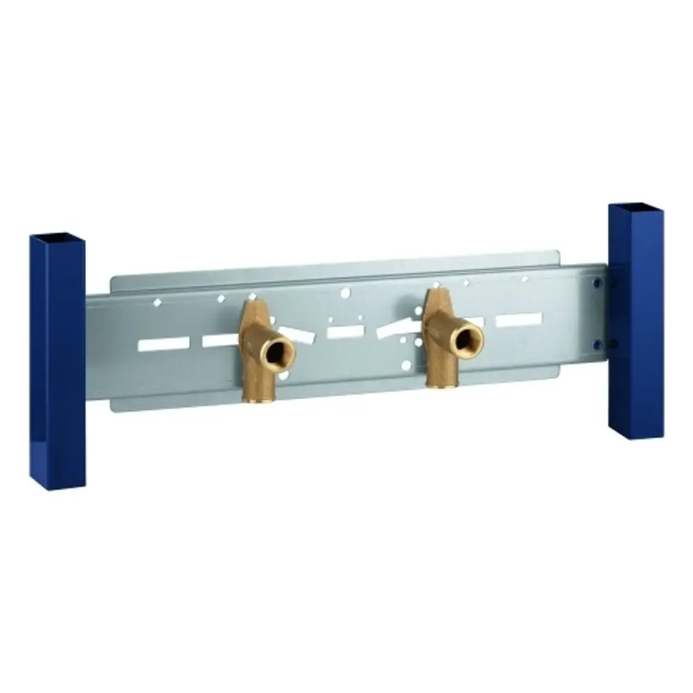 GROHE Armaturenhalterung aus Metall mit zwei Anschlussmöglichkeiten in der Mitte, seitlich mit blauen, rechteckigen Halterungen für die Montage in einer Wandkonstruktion.