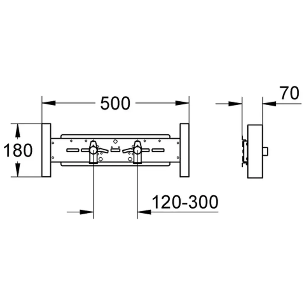 Zeichnung einer Halterung von Grohe zur Montage eines Durchlauferhitzers oder für eine Ständerwand. Die Maße sind aufgeführt: 500 mm Breite und 180 mm Höhe.
