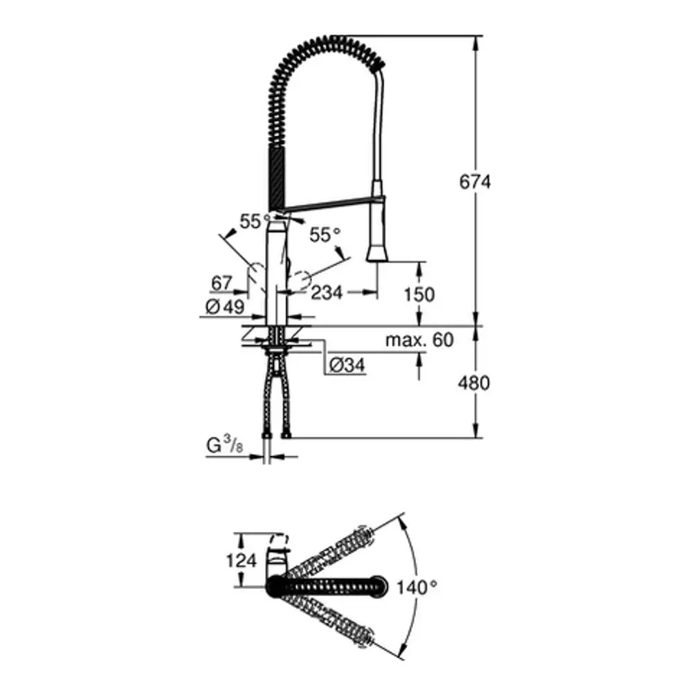 Grohe Spültischbatterie mit ausgezogener Profibrause, dargestellt in technischem Diagramm. Maße und Bewegungsspielraum sind im Bild dokumentiert.