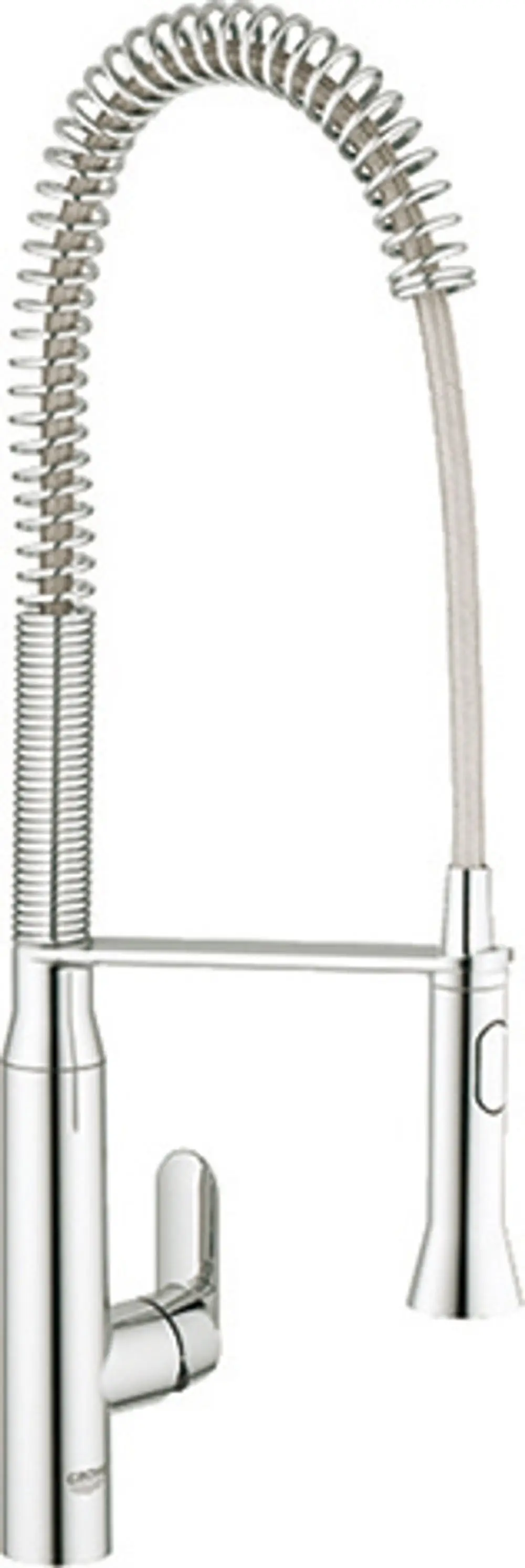 Grohe Spültischbatterie mit flexibler Brause und einem Griff. Die Oberfläche hat eine glänzende, metallische Ausführung in silber.