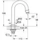 2D-Diagramm eines Grohe Waschtisch-Standventils mit abgewinkeltem Auslauf, detaillierten Maßen und Anschlussinformationen.