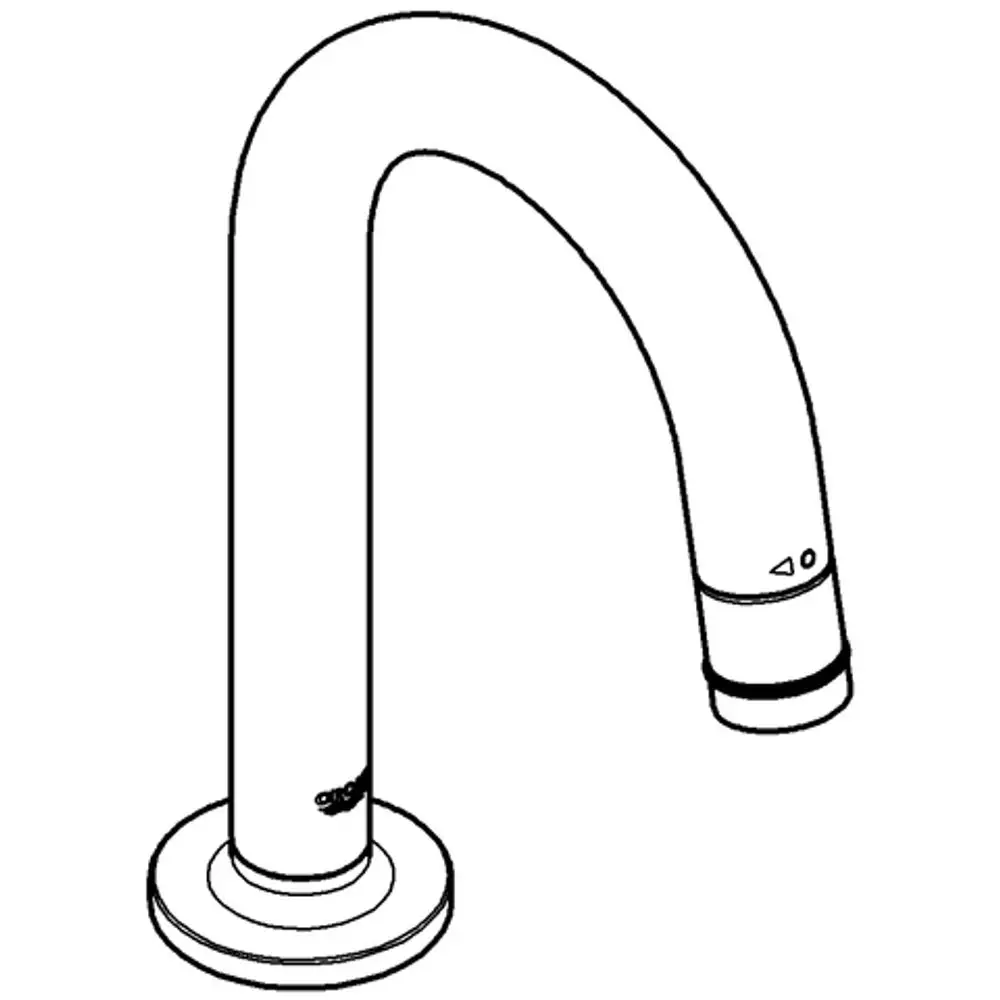 Ein chromfarbener Auslauf von Grohe für ein Waschtisch-Standventil. Der Auslauf hat eine geschwungene Form und ist an einer runden Basis montiert.