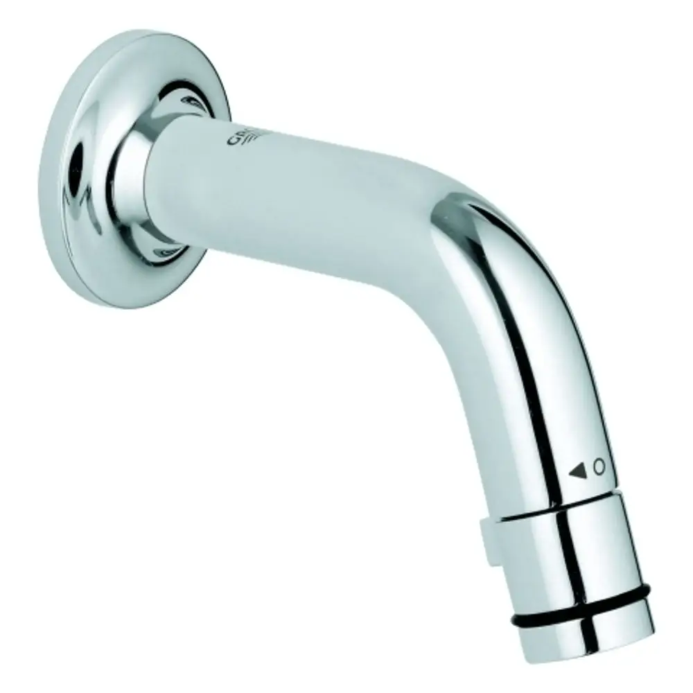 Wandauslaufventil in verchromtem Finish von Grohe, mit gebogenem Auslauf und Bediensymbolen zur Temperatureinstellung.