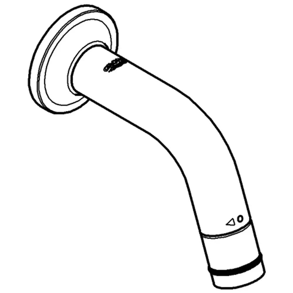 Chronisches Wandauslaufventil von Grohe mit gebogenem Auslauf. Die Rückseite zeigt eine Montagefläche mit Befestigungsring.