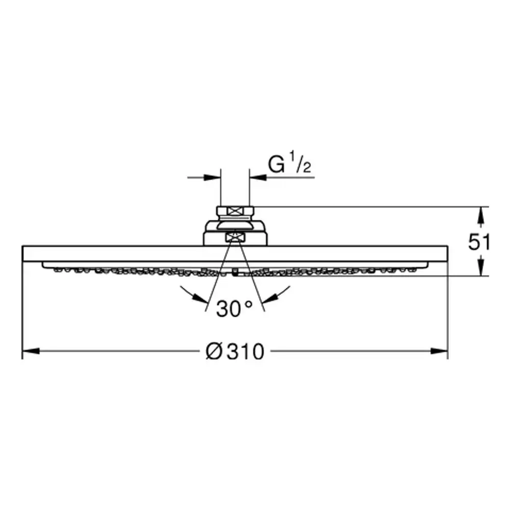 Grohe Kopfbrause mit runder Form, Durchmesser von etwa 310 mm, montiert auf einem zentralen Anschluss. Die Höhe beträgt circa 51 mm.