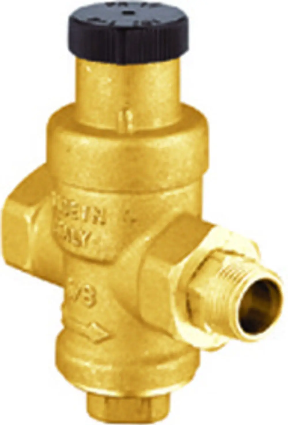GROHE Ventil zur Druckausgleichsteuerung aus Messing mit schwarzem Verstellrad, für die Installation im Wasserdrucksystem, sichtbar sind Anschlüsse und Richtungspfeile.