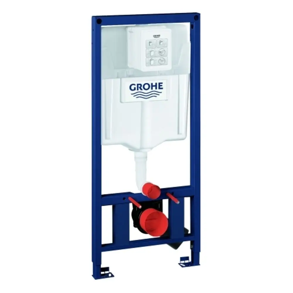 GROHE WC-Element in blauer Metallstruktur mit weißen Kunststoffteilen, vorbereitet für die Montage, einschließlich Wasseranschluss und Betätigungsplatte.