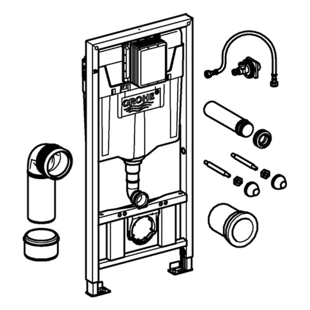 Zeichnung eines Grohe WC-Elements mit zugehörigen Montagekomponenten, darunter Rohre, Verbindungsteile und Schrauben, in schematischer Darstellung.