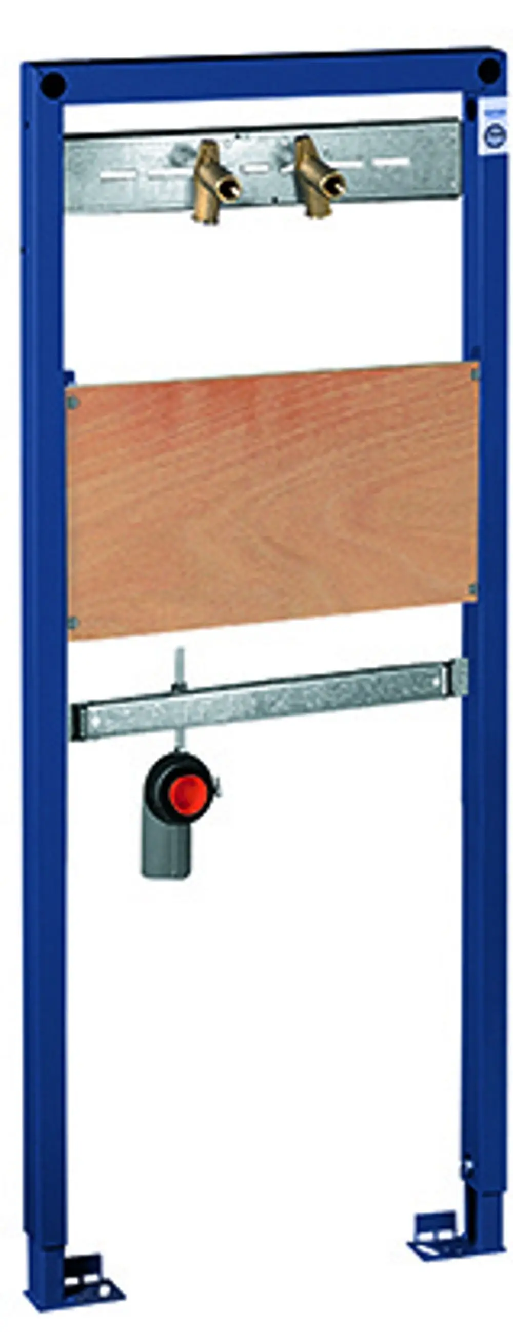 Stahlrahmen mit blauer Beschichtung für Vorwandinstallation. Enthält Wasseranschlüsse und eine Halterung für Sanitäranlagen. Produkt von Grohe.
