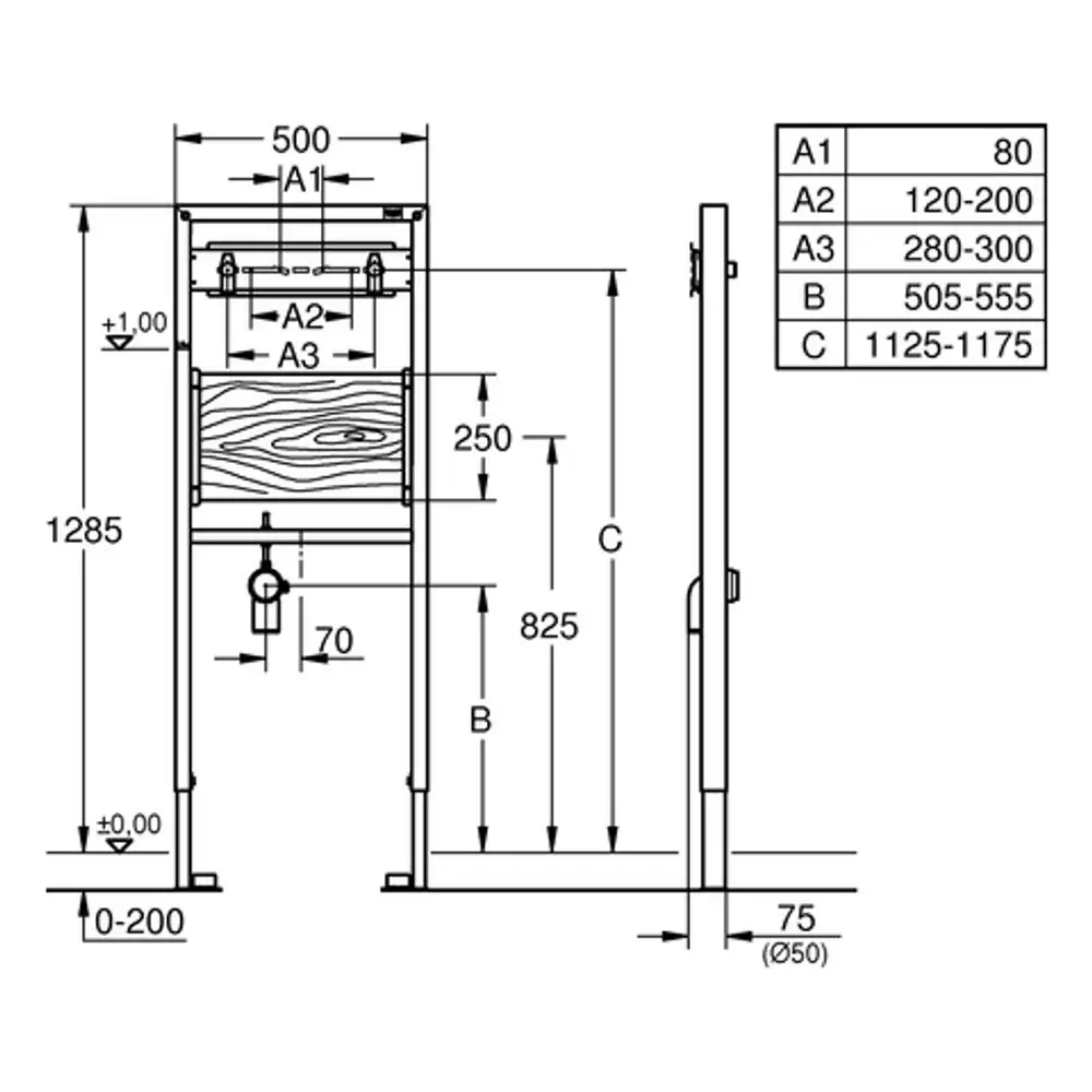 GROHE Ausguss-Element mit technischen Zeichnungen und Maßen für eine Ständer- oder Vorwandmontage, dargestellt in seitlicher und frontaler Ansicht.