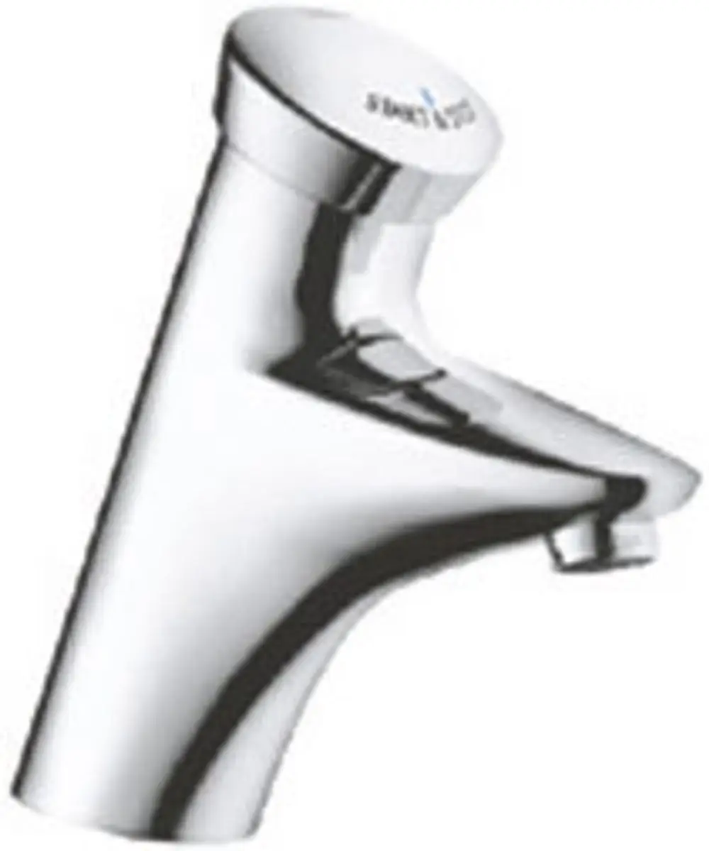 Chromfarbene Grohe-Waschtischarmatur mit einem klaren, modernen Design und einem selbstschließendem Mechanismus.
