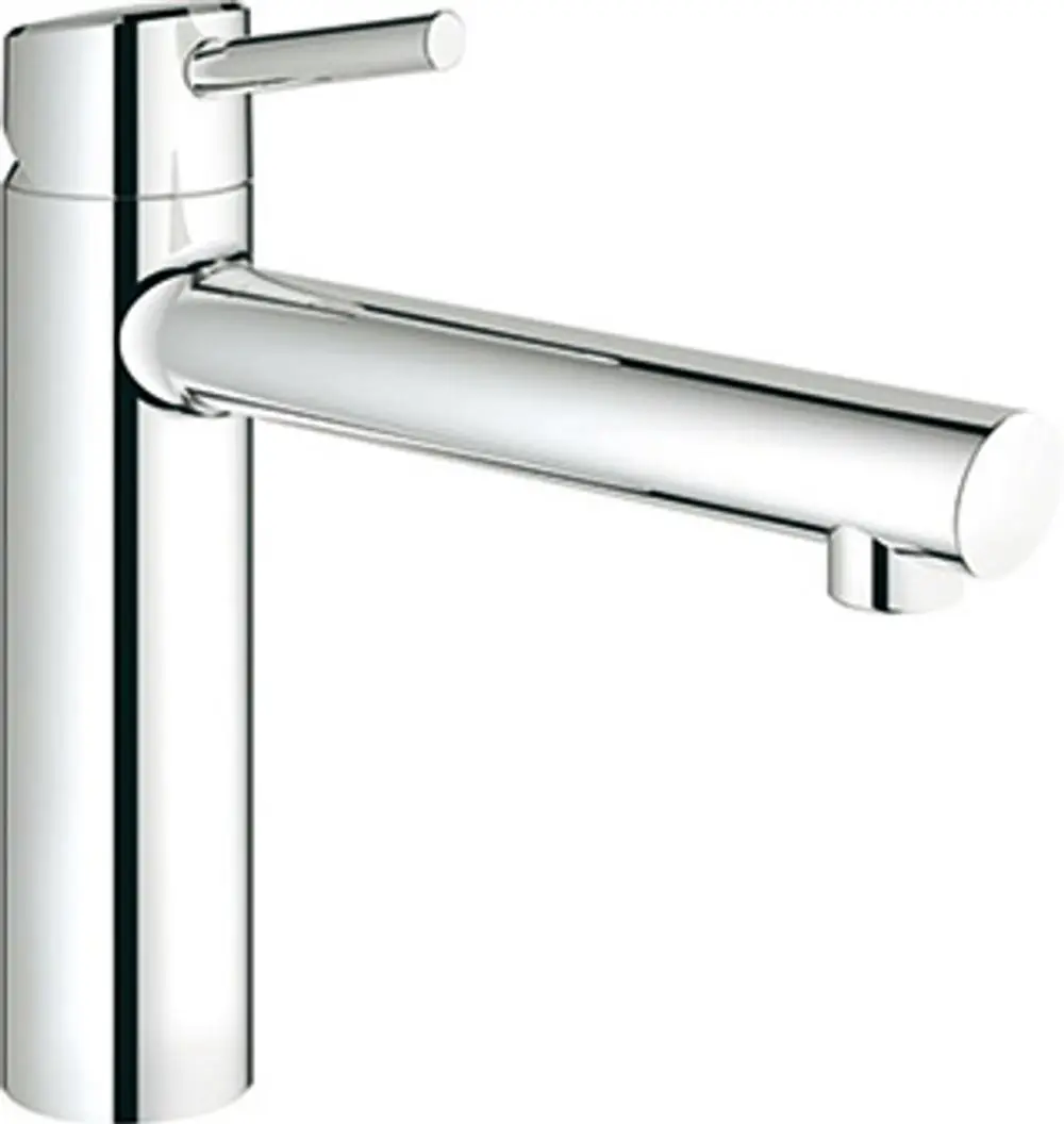 Grohe Armatur mit mittelhohem Auslauf aus poliertem Metall. Der Hebel zur Wasserregulierung ist am oberen Ende des Körpers angebracht.