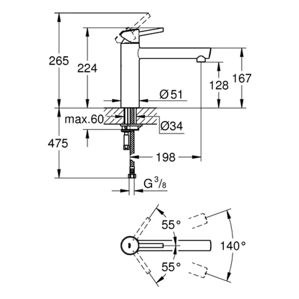 GROHE Armatur mit mittelhohem Auslauf, senkrechte und waagerechte Maße und Anschlussdetails, inklusive Pivotierungswinkel, dargestellt in technischen Zeichnungen.
