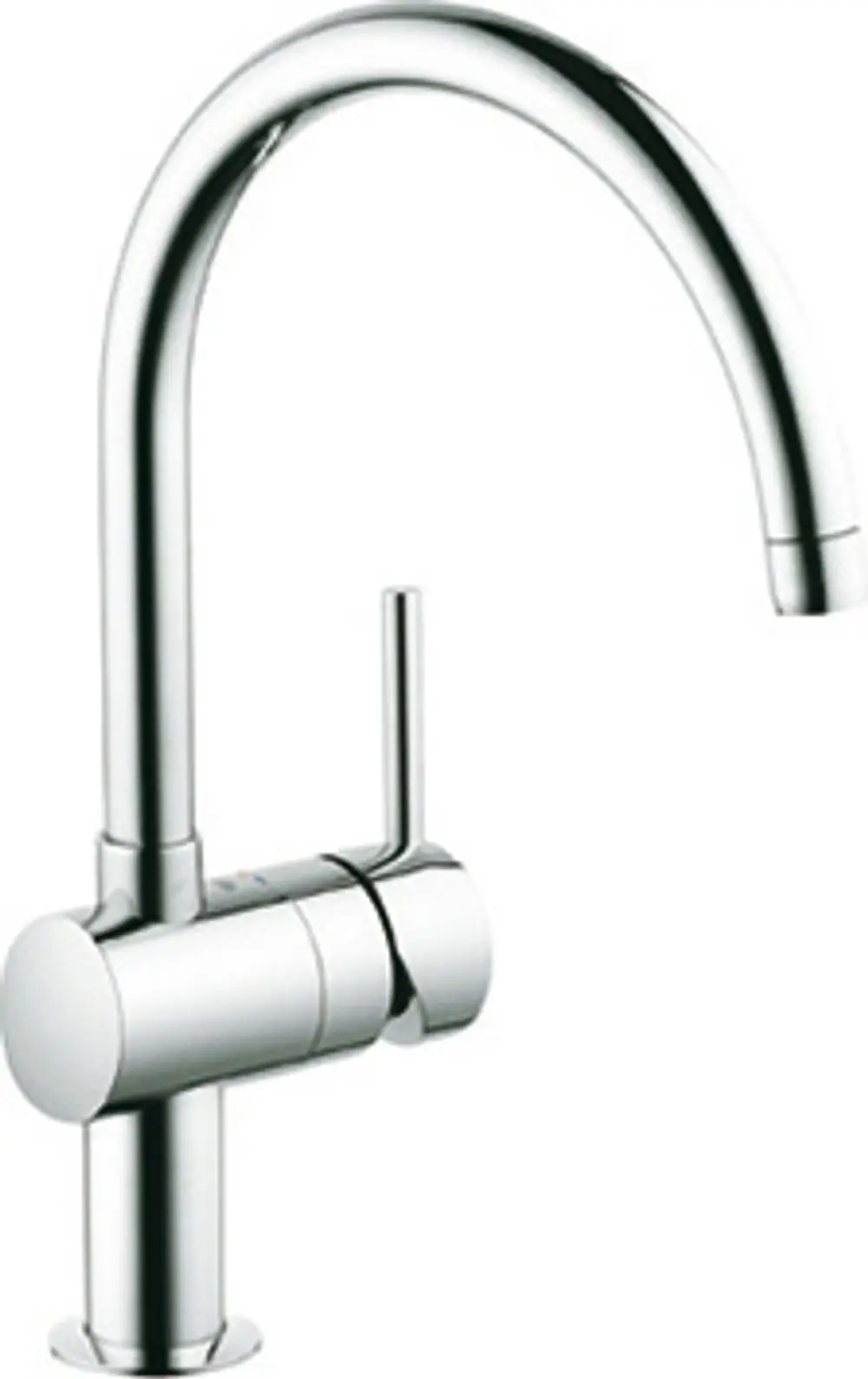 Hochgezogener Wasserhahn in Edelstahloptik von Grohe mit einem seitlichen Hebel zum Regulieren des Wasserflusses.