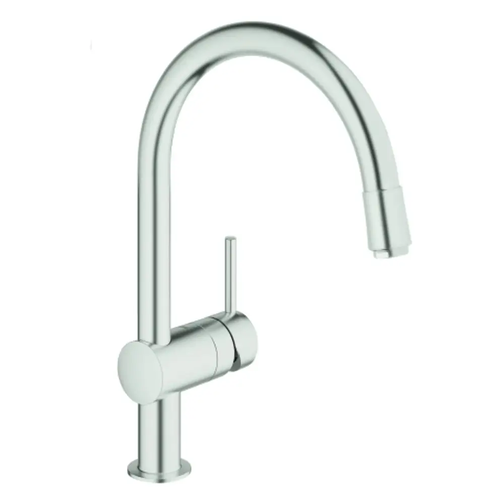 Hochglanzstahl-Küchenarmatur von Grohe mit gebogenem Auslauf und seitlichem Hebel zur Steuerung des Wasserflusses.