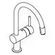 Ein Grohe Wasserhahn mit gebogenem Auslauf und Fernbedienung. Der Körper hat eine zylindrische Form und ist mit einem hohen Auslauf ausgestattet.