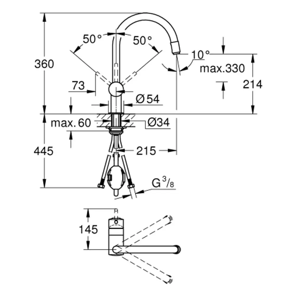 GROHE Spültischbatterie mit einem herausziehbaren Mousseurauslauf. Die Armatur zeigt verschiedene Abmessungen und eine bewegliche Funktion für die Nutzung.