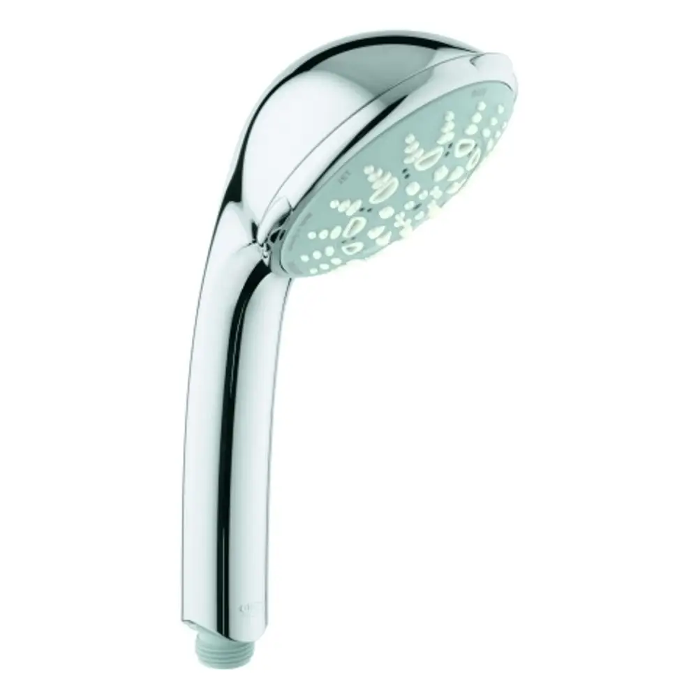 Grohe Handbrause mit runder Kopfbrause und ergonomischem Griff. Auf der Oberfläche sind mehrere Düsen für unterschiedliche Strahlarten sichtbar. Handelsübliche Chrom-Oberfläche.