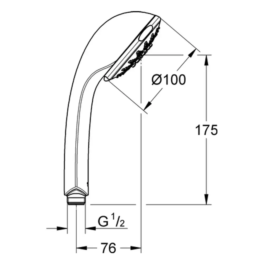 Grohe Handbrause mit ergonomischem Design und mehreren Strahlarten. Maße sind im technischen Diagramm dargestellt.