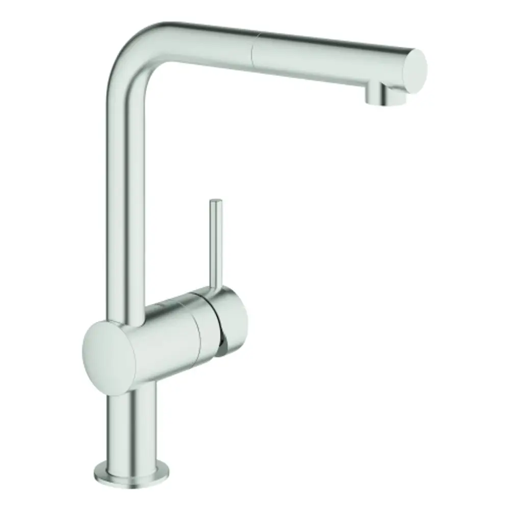Küchenarmatur von Grohe mit einem geraden Auslauf und einem Bedienhebel an der Seite, in einer silbernen Oberfläche.