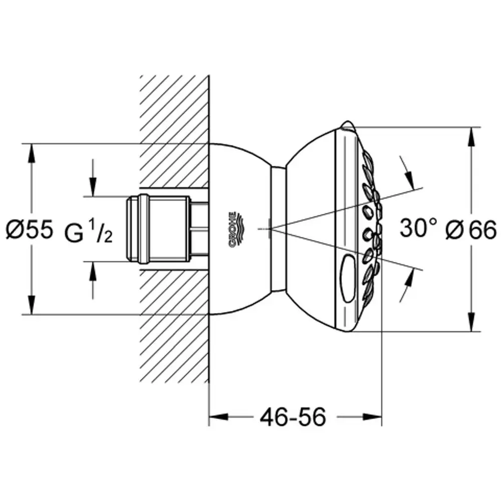 Seitenbrause von Grohe mit breiter Sprühfläche und integrierter Massagestrahl-Funktion. Anwendungsdiagramm und Montagehinweise sind im technischen Zeichnungsstil dargestellt.