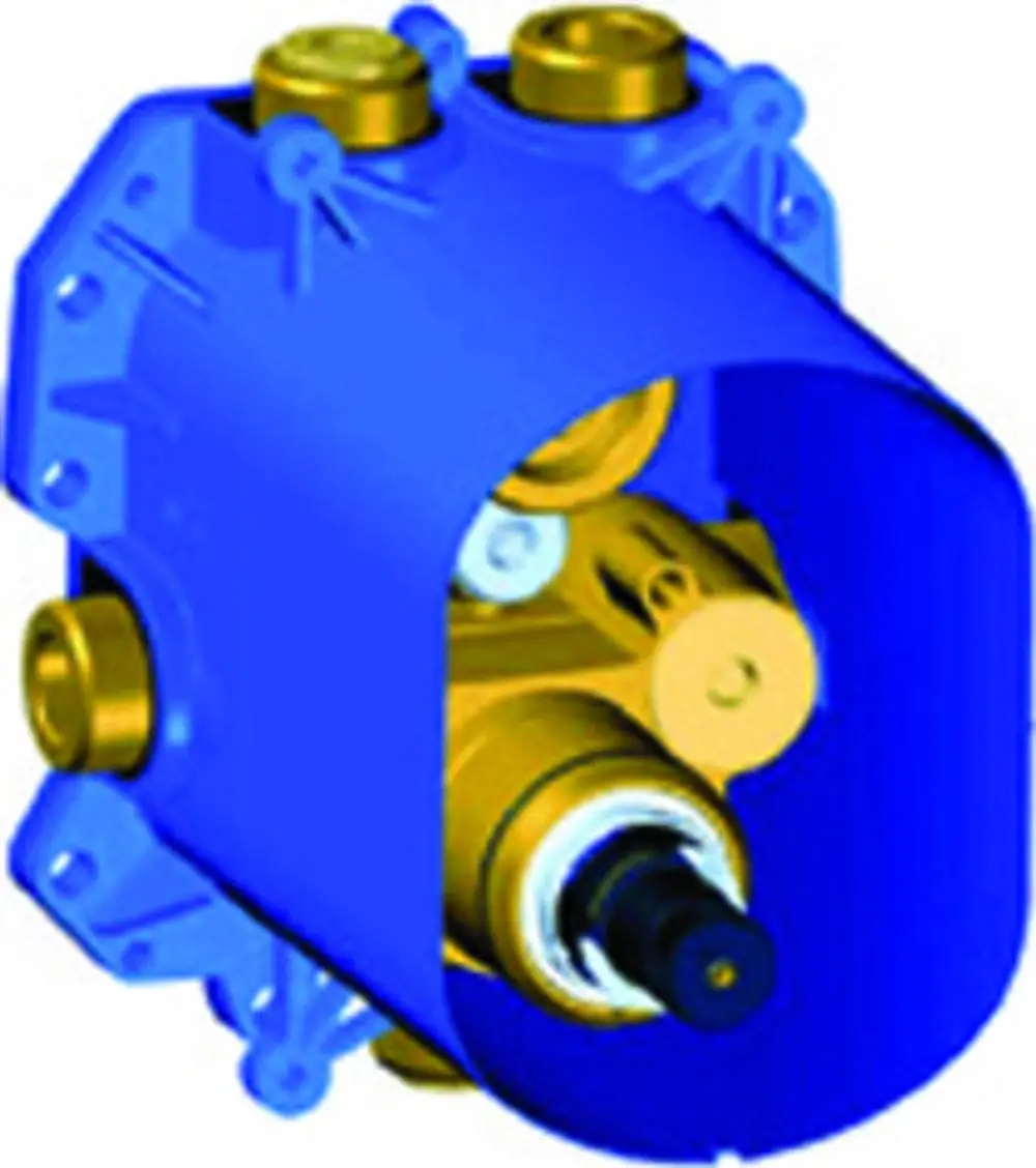 GROHE Unterputz-Universal-Element in Blau mit mehreren Anschlussöffnungen und Sicht auf interne Komponenten, geeignet für Thermostatinstallation.