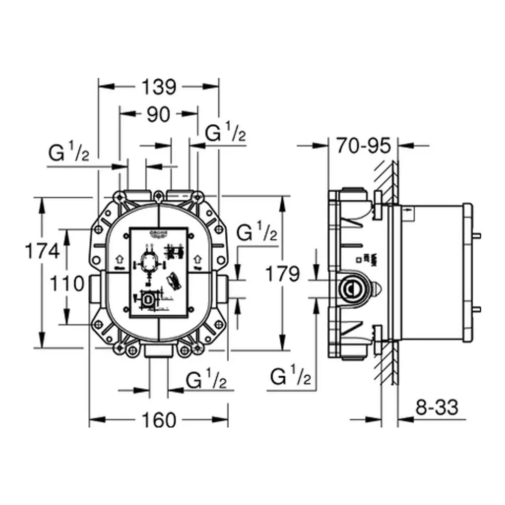 Technische Zeichnung eines Grohe Unterputz-Universal-Elements mit Maßangaben und Anschlussinformationen. Sichtbar sind Platzierungen für Rohre und Montagepunkte.