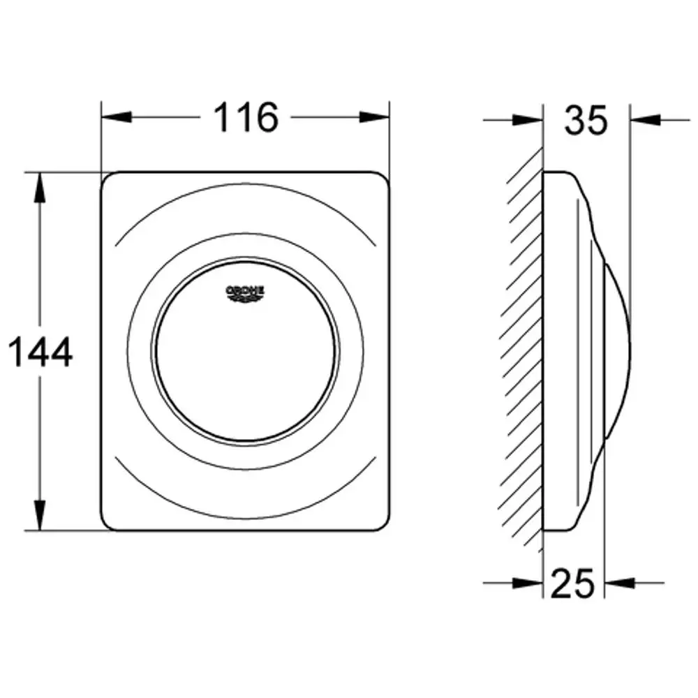 GROHE-Betätigung für Urinal in flacher, rechteckiger Form mit einem zentralen Druckknopf. Zeichnet sich durch klare Linien und schlichte Gestaltung aus.