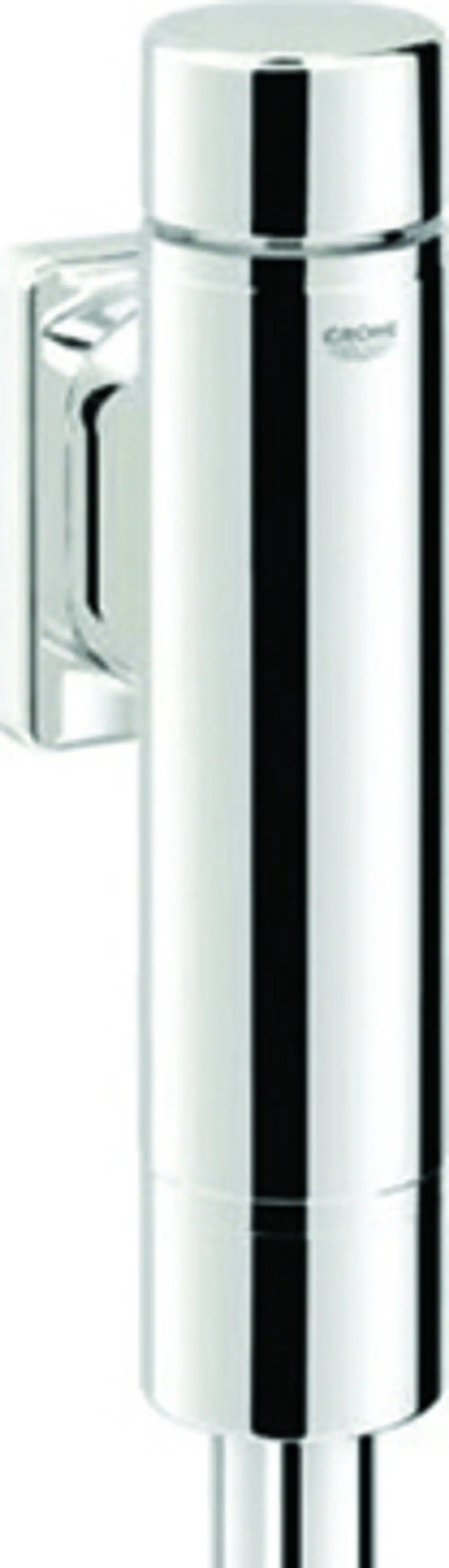 Chromfarbener Druckspüler von Grohe mit integriertem Vorabsperrventil, zylindrische Form, Wandmontage.