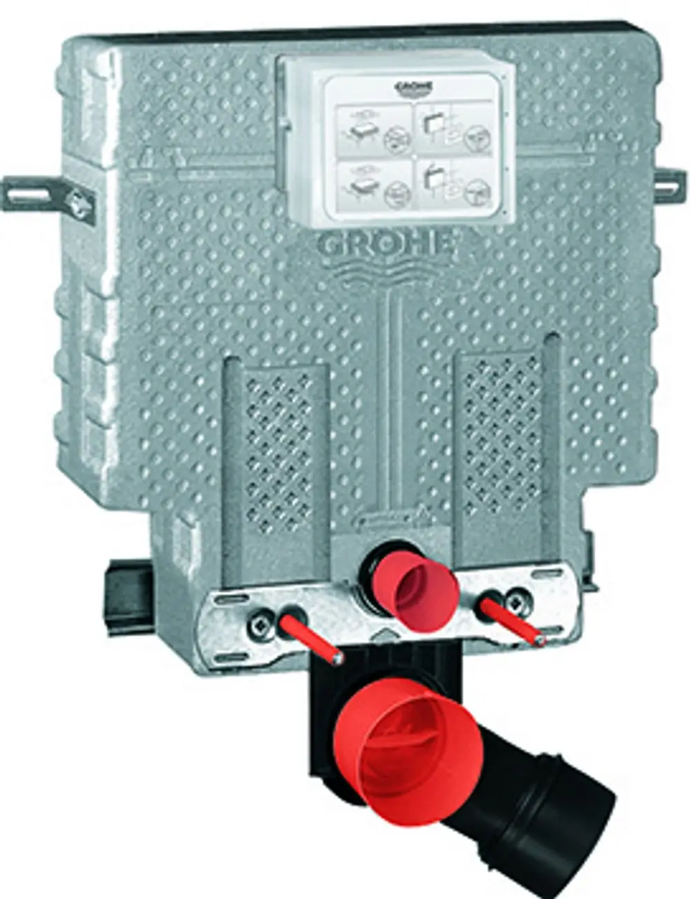 GROHE WC-Element mit Montageblock in grauer Farbe, ausgestattet mit Einlass- und Auslassanschlüssen sowie einer Betätigungsplatte an der Frontseite.