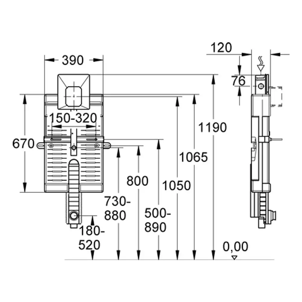 Schematische Zeichnung eines Grohe Urinal-Elements mit verschiedenen Maßangaben, einschließlich Höhen- und Breitenmaßen für die Installation.