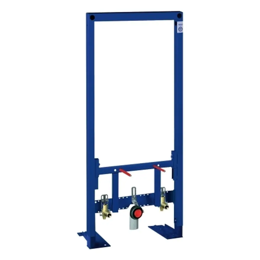 Blaues Montagesystem für Sanitärinstallationen mit drei Anschlüssen. Geeignet für die Installation von Bidets, hergestellt von Grohe.